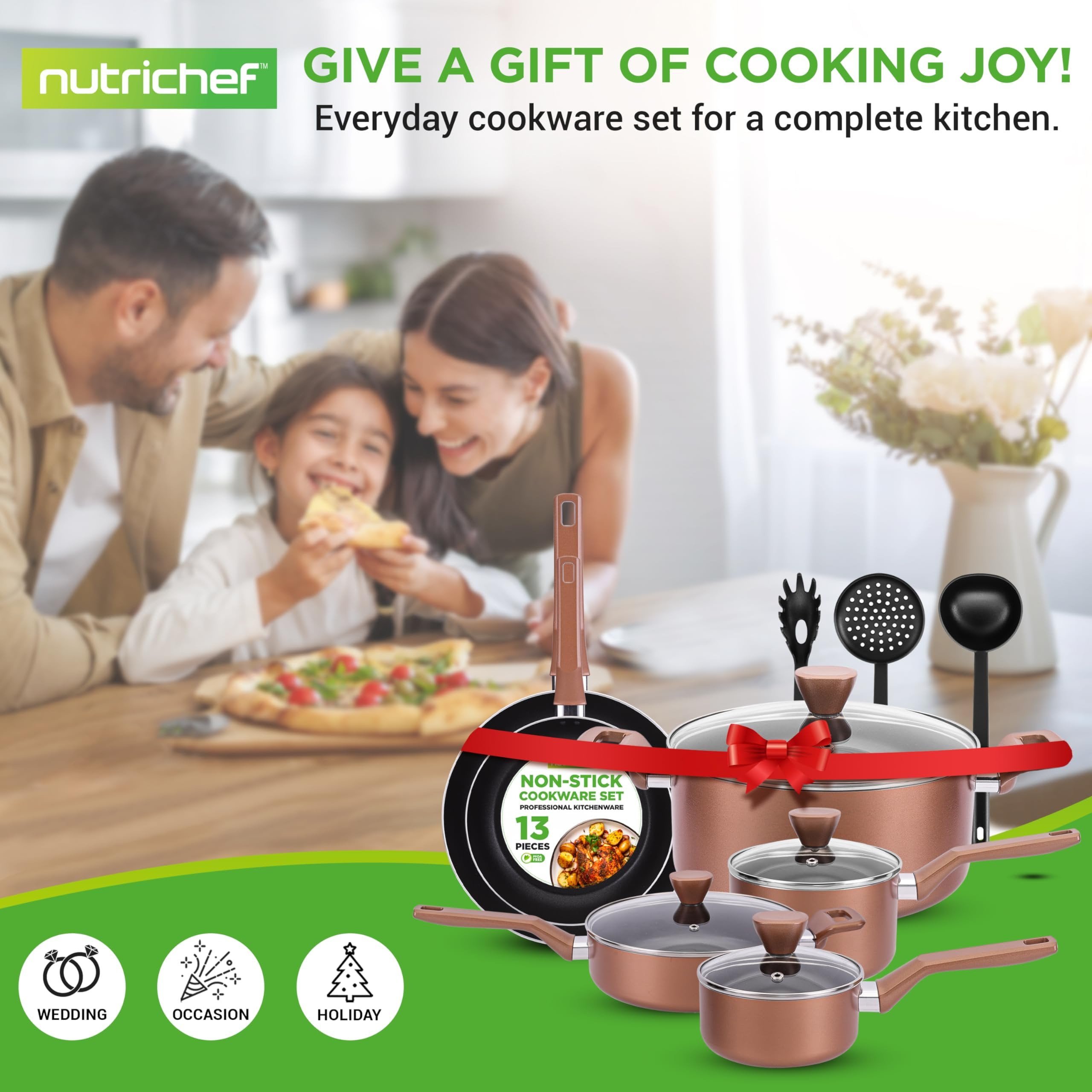 NutriChef Kitchenware Pots & Pans - Stylish Kitchen Cookware Set, Non-Stick (13-Piece Set)