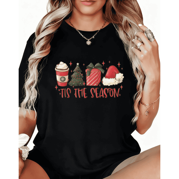 Women's Black Print T-Shirt Graphic Tee 'Tis The Season with Coffee, Christmas Tree, Gift, Santa Hat Festive Holiday Casual Tops S-5XL