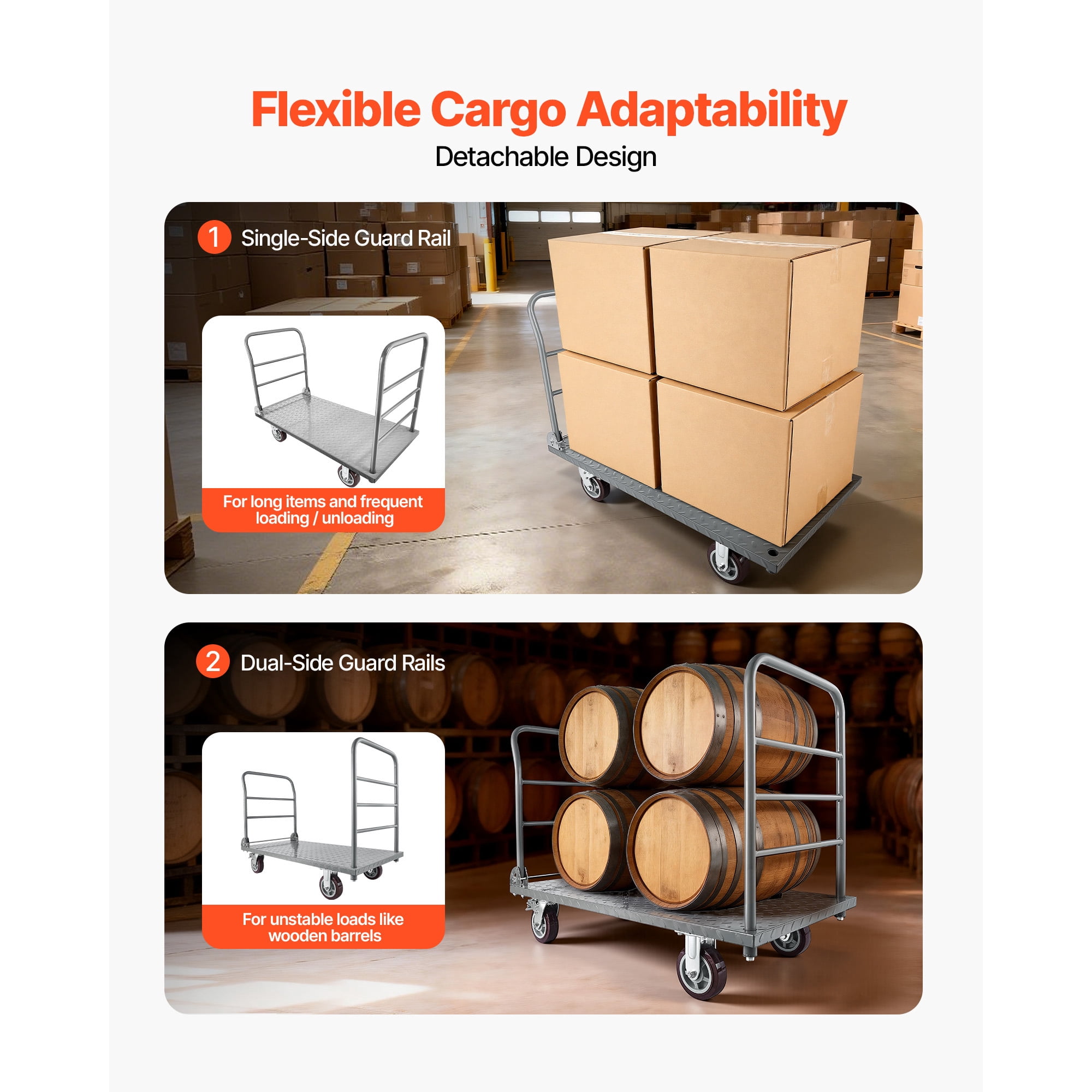 KFFKFF Heavy Duty Platform Truck, 2650 lbs Load Capacity, Flatbed Cart with Removable Guardrail and Swivel Wheels, Foldable Hand Push Cart for Groceries, Garage, Warehouse, 48 x 24 x 36.2 in