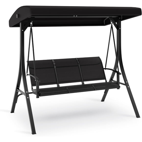 Historyli Columpio de patio de 3 plazas con toldo ajustable,resistente y duradero,ideal para adultos,con reposabrazos transpirables,perfecto para el patio.,Negro