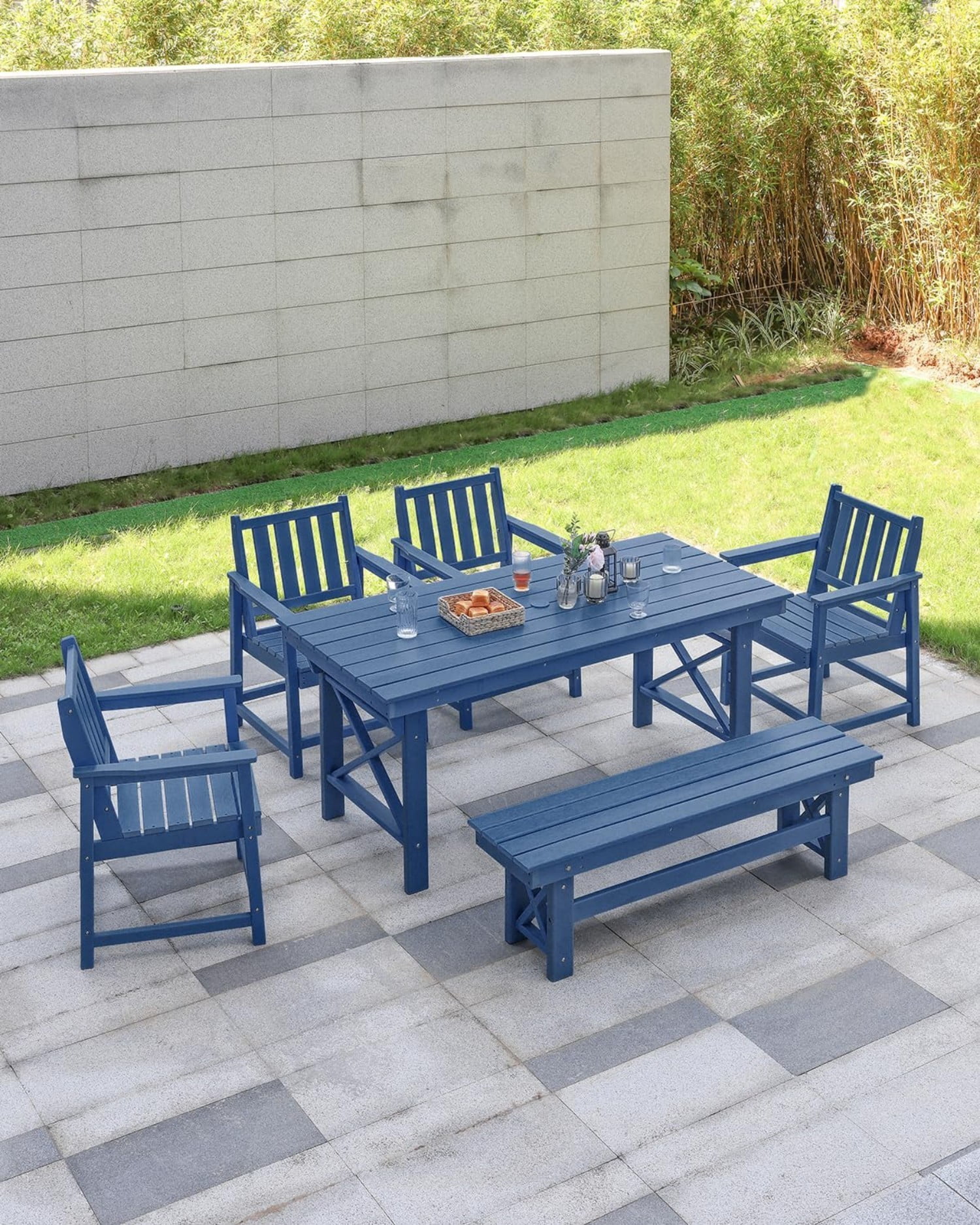 HDPE Outdoor Dining Table for 6, 66.9" Rectangle Patio Dining Table with 2.2" Umbrella Hole, All Weather HDPE Outdoor Table for Backyard, Deck, Garden, Poolside, Navy
