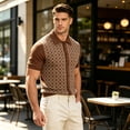 thumbnail image 2 of EANJE Men's Short Sleeve Knit Polo Cardigan, Geometric Pattern Button‑Down Lapel Collar Retro Casual Knitted Shirt for Daily Vacation Brown 3XL, 2 of 5