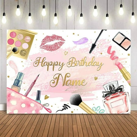 Image of Pink Beauty Makeup Spa Birthday Background Women Girls Backdrop for Photography Customize Name DIY Photo Booth Studio Banner
