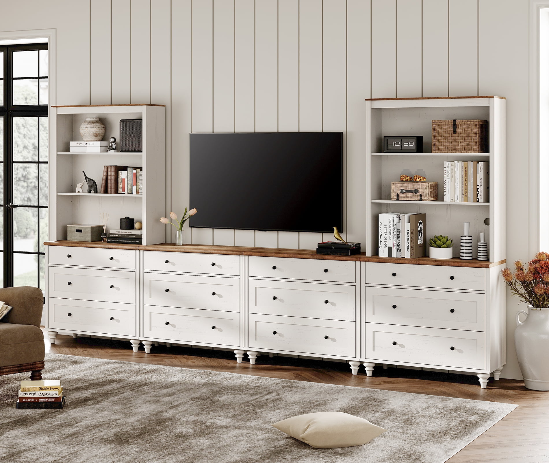 Large TV Stand with Bookshelves for TVs up to 75", Bookcase for Study Room, Living Room, Bedroom, White