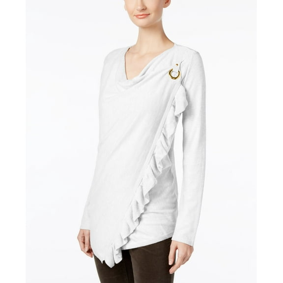 INC International Concepts Petite Ruffled Draped Sweater Washed White PM