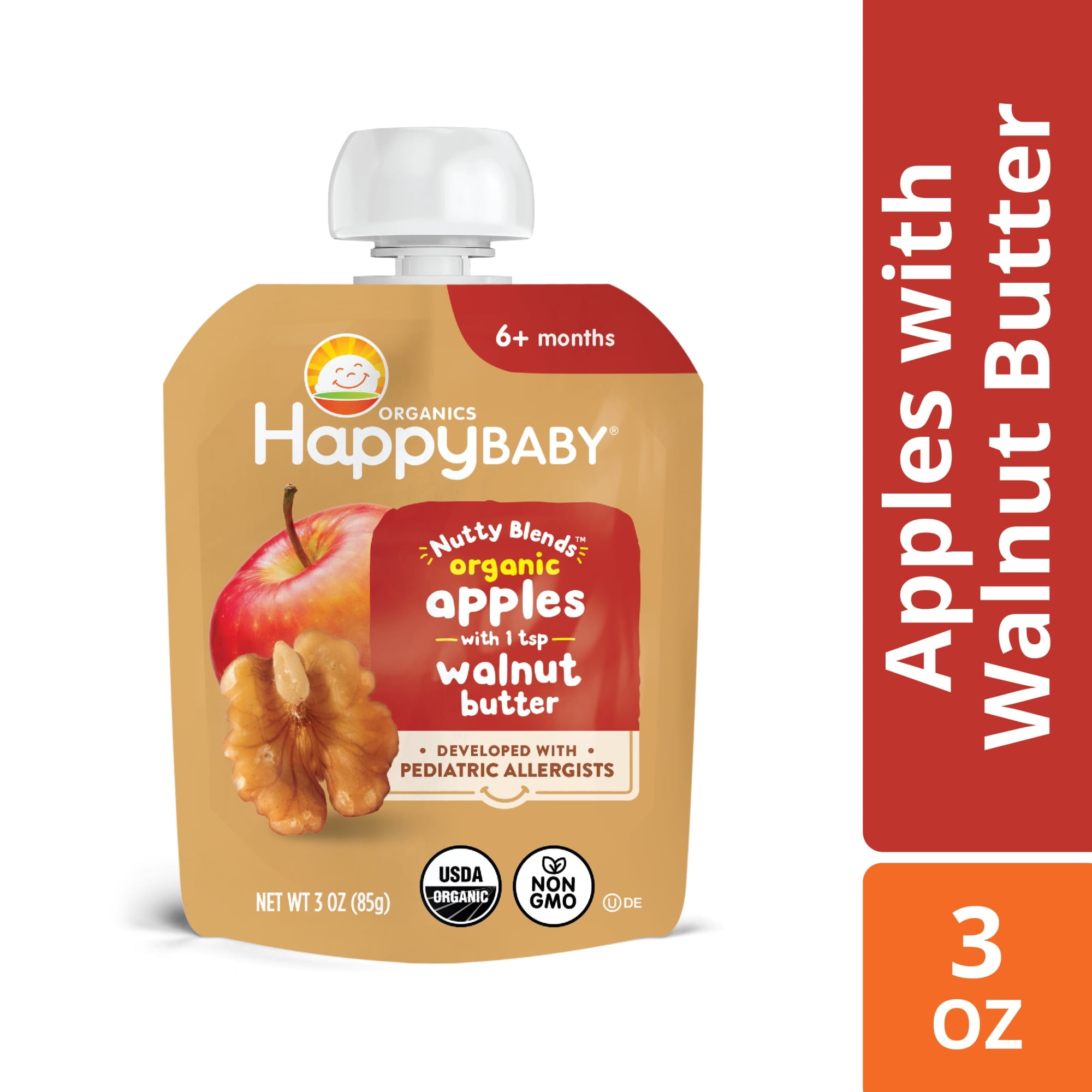 Happy Baby Organics Nutty Blends Stage 2, Apple & Walnut Butter Organic Baby Food Pouch, 3 oz.