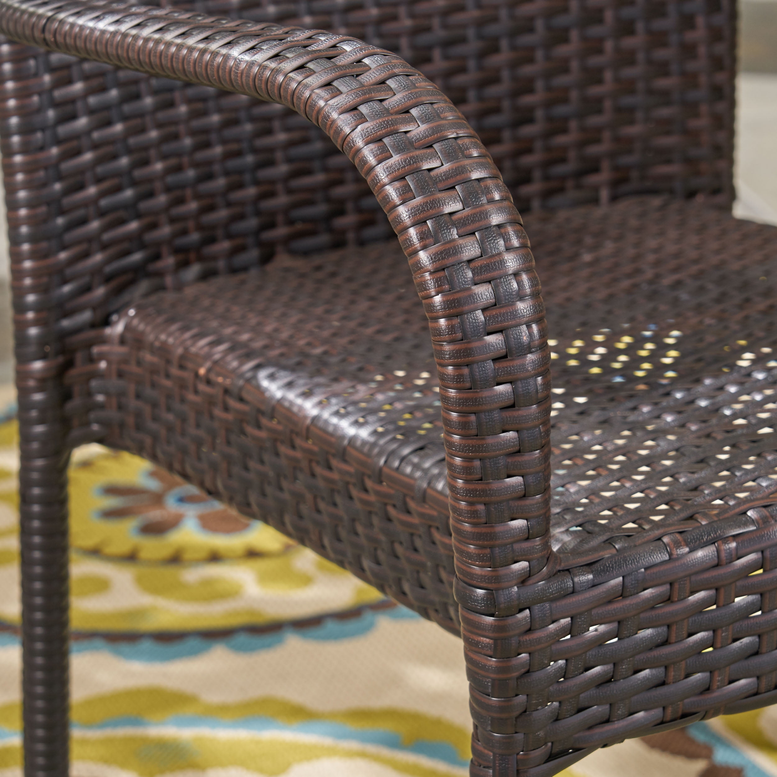 Lisa Outdoor 7 Piece Acacia Wood Dining Set with Stacking Wicker Chairs, Sandblast Natural Stained, Multi Brown