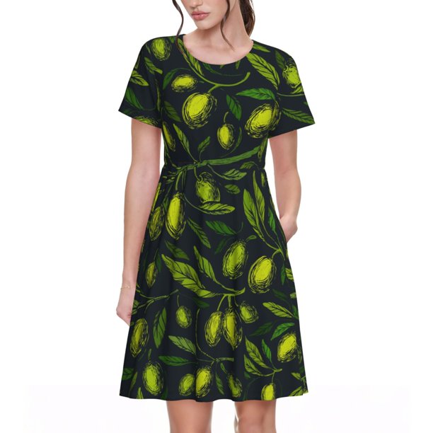 Easygdp Green Branch Olive para Vestido Transpirable de Mujer, Vestido Suelto de Manga Corta con Pliegues y Bolsillos para el Verano