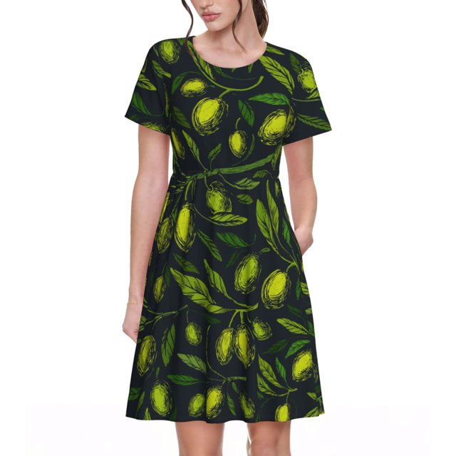 Disketp Green Branch Olive para Vestido de Manga Corta para Mujeres, Vestidos de Verano para Mujeres, Casual y Holgado para la Playa