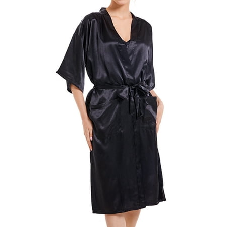 

Homgro Women s Satin Kimono Robe Short Sleeve V Neck Bath Robe with Pockets for Bridesmaid Wedding Party Silk Pure Dressing Gown Belted Tie Up Lightweight Black XX-Large