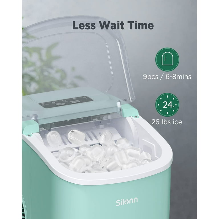 Silonn Countertop Ice Maker - 9 Cubes Ready in 6 Mins, 26lbs in 24Hrs, Portable Ice Machine with Self-Cleaning, 2 Sizes of Bullet Ice for Home