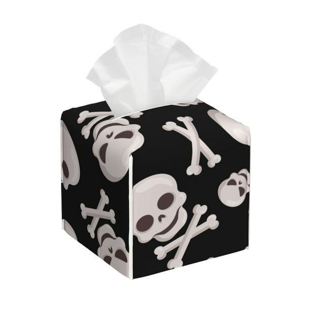 Fotbe black white Skull bone Porta Pañuelos Decorativo de Cuero, Caja Cuadrada Moderna para Pañuelos Faciales, Organizador y Dispensador 5x5x5''