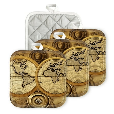 

BaHomeck Pot Holders 4pcs dacron Made Square heat-resisting mat Machine Washable for Kitchen Oven Hot Pads 6.7inch*6.7inch Antique World Map With Old Compass