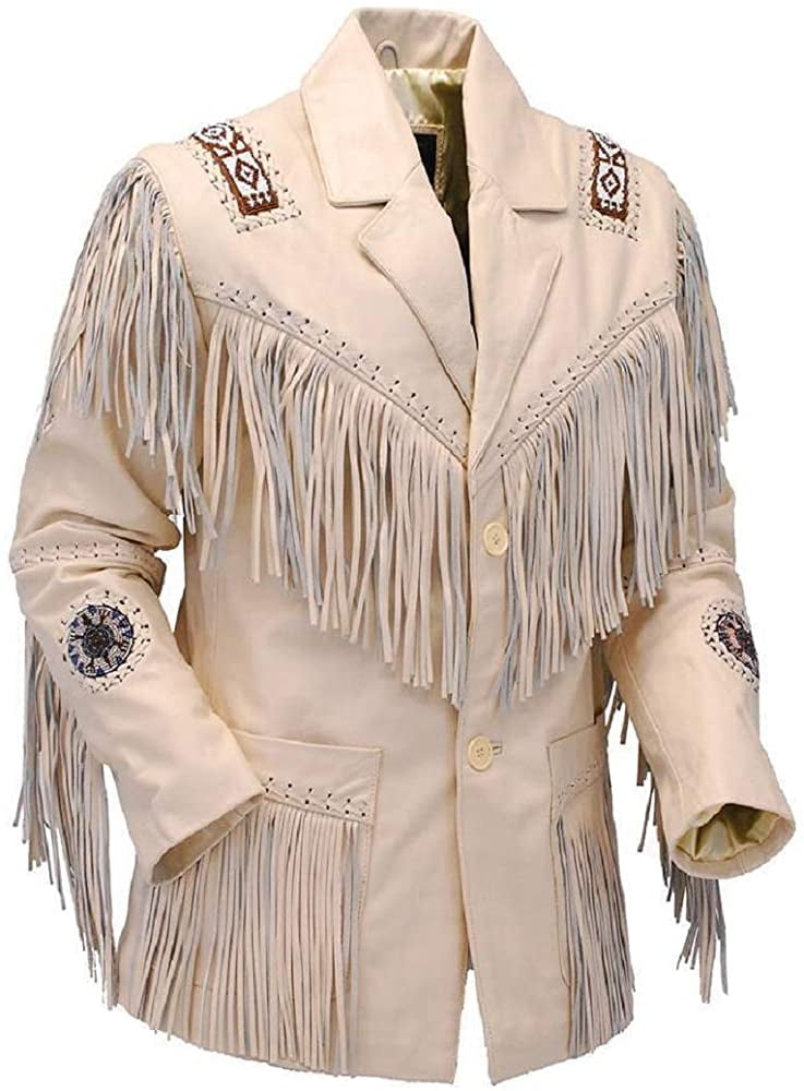 Classyak Mens Western Indian Tribal Cowboy Fringed & Beaded Real Leather Jacket