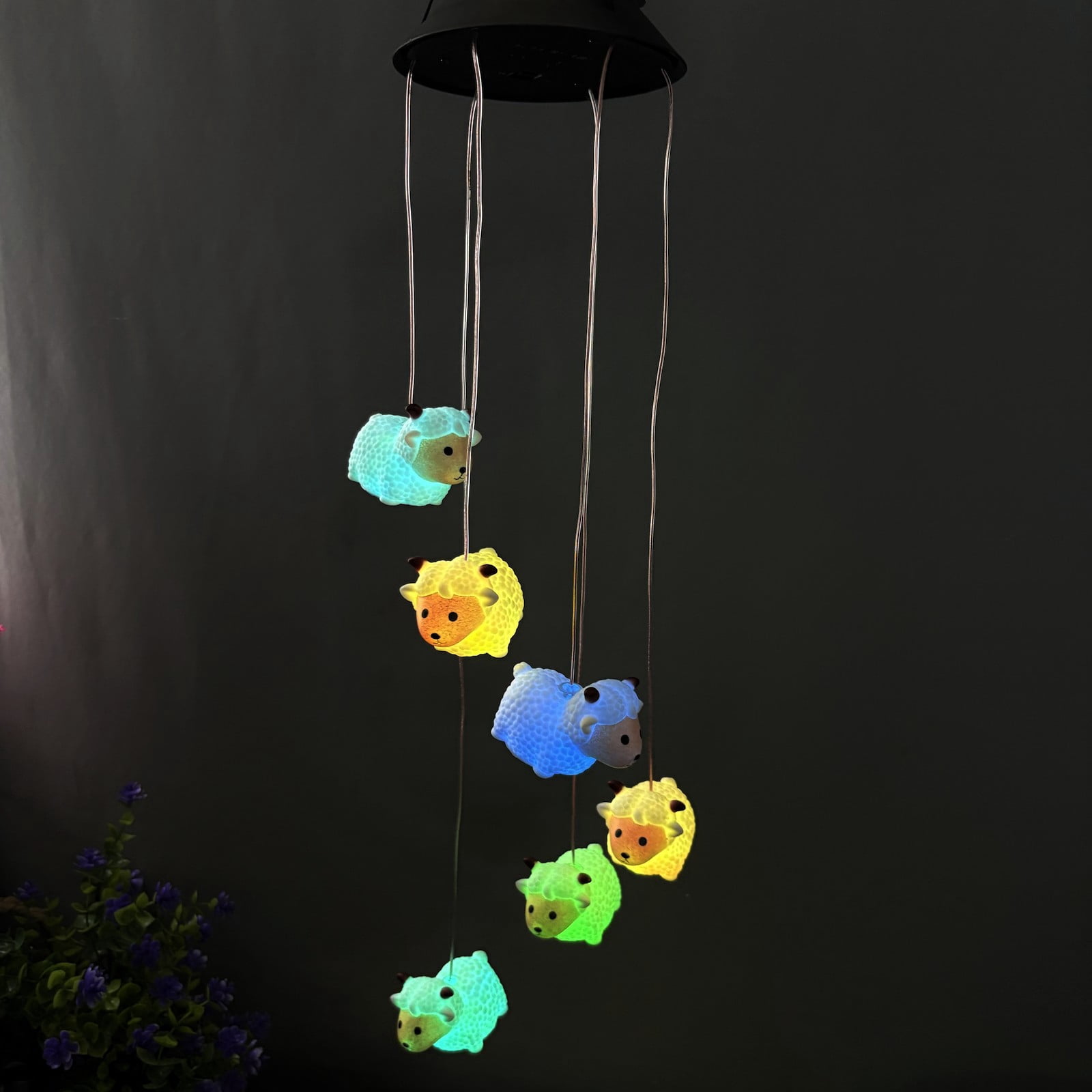 6 Color Changing LEDs Solar Pink Face Sheep Wind Chimes Lights Gift for Mom, Festival, Patio, Garden, Outdoor Farmhouse Decoration