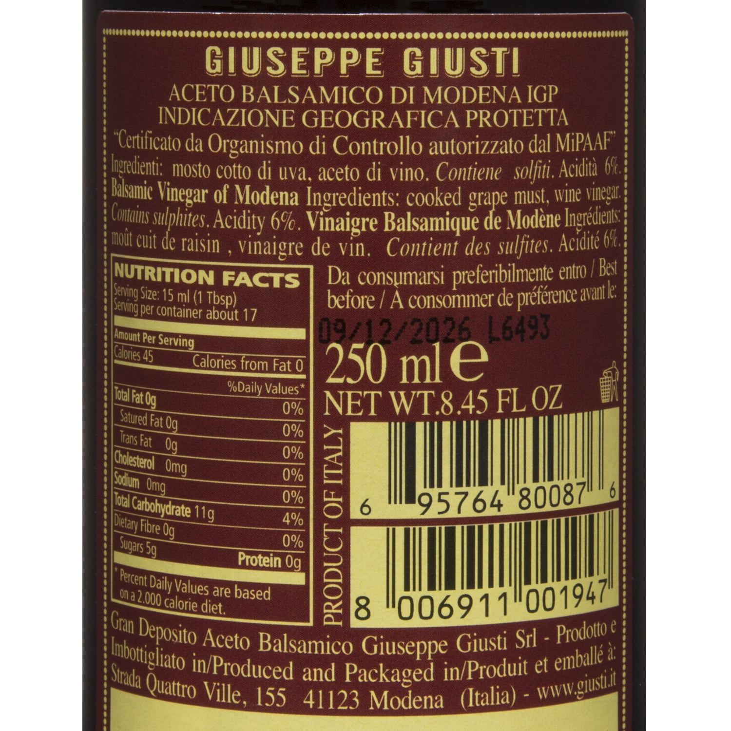 Giuseppe Giusti Balsamic Vinegar of Modena with Pourer, 3 Gold Medals - 4 pack