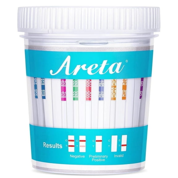 Areta 14-Panel Instant Urine Drug Test Cups, 5 Pack, 90mL with Temperature Strip and Gloves