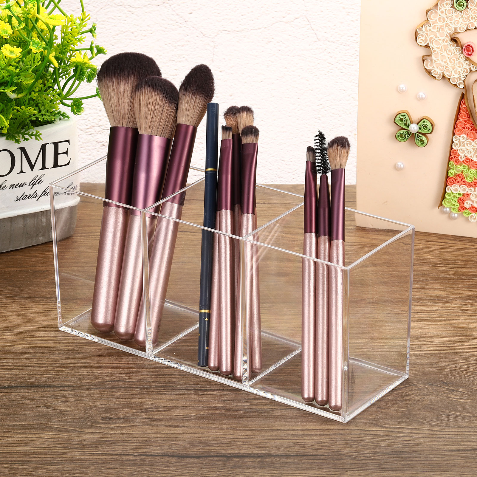 Unique Bargains 3 Compartments Clear Acrylic Pen Holder Pencil Holder Organizer Cup Transparent