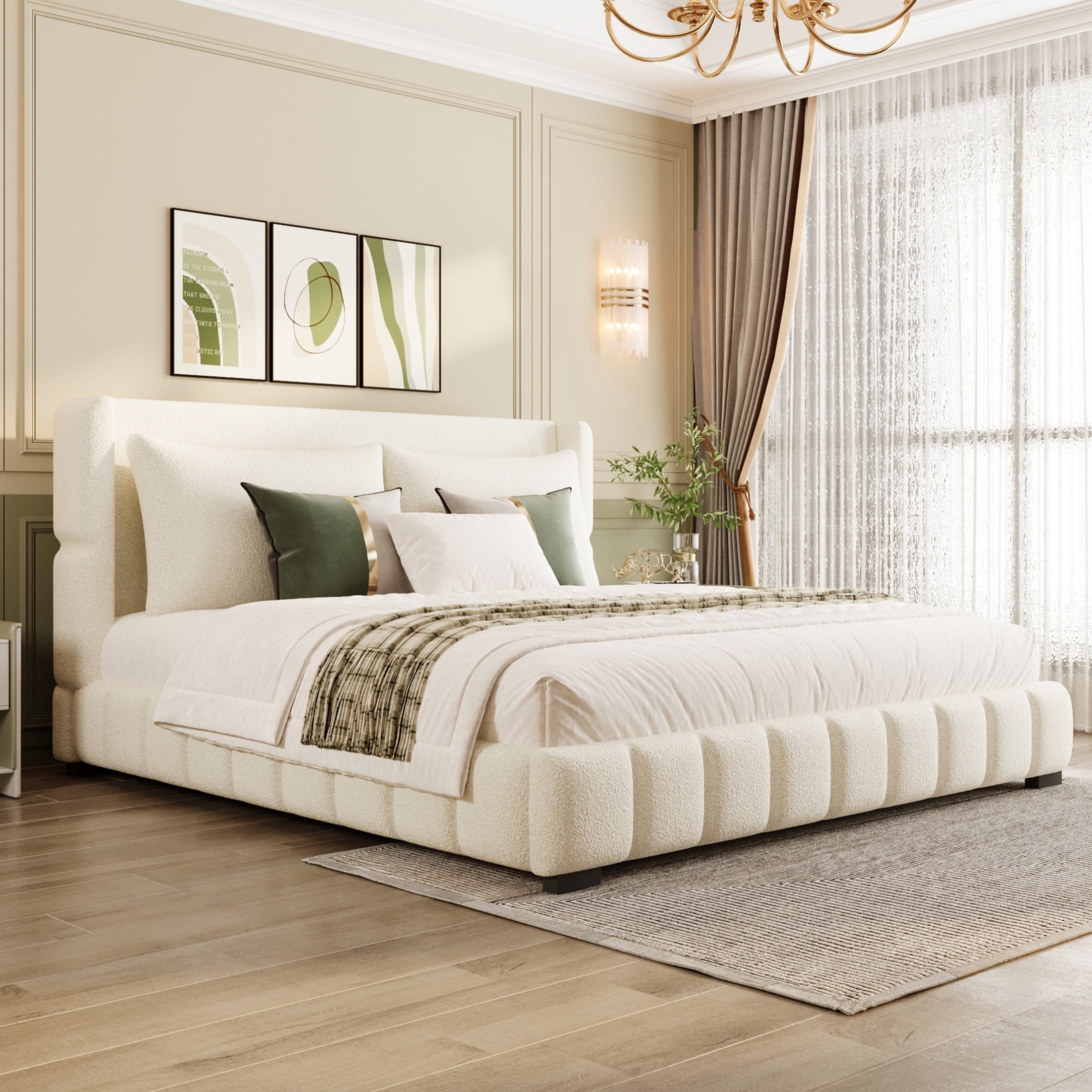 Noble House Rowena Queen Size Velvet Upholstered Platform Bed with Matching Pillows, Sturdy Wood Frame, White