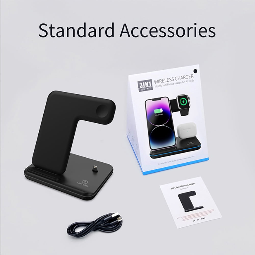 Wireless Charger 3 in 1 Charging Station for Apple: Wireless Phone Stand for iPhone 15/14/13/12/11/Pro/Max/XS/XR/X/8/Plus-Fast Charger Stand for Apple Watch S9-S2 and AirPods,Black
