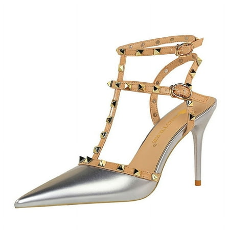 

IELGY vintage patent leather high-heeled shallow pointed head Roman style metal rivet