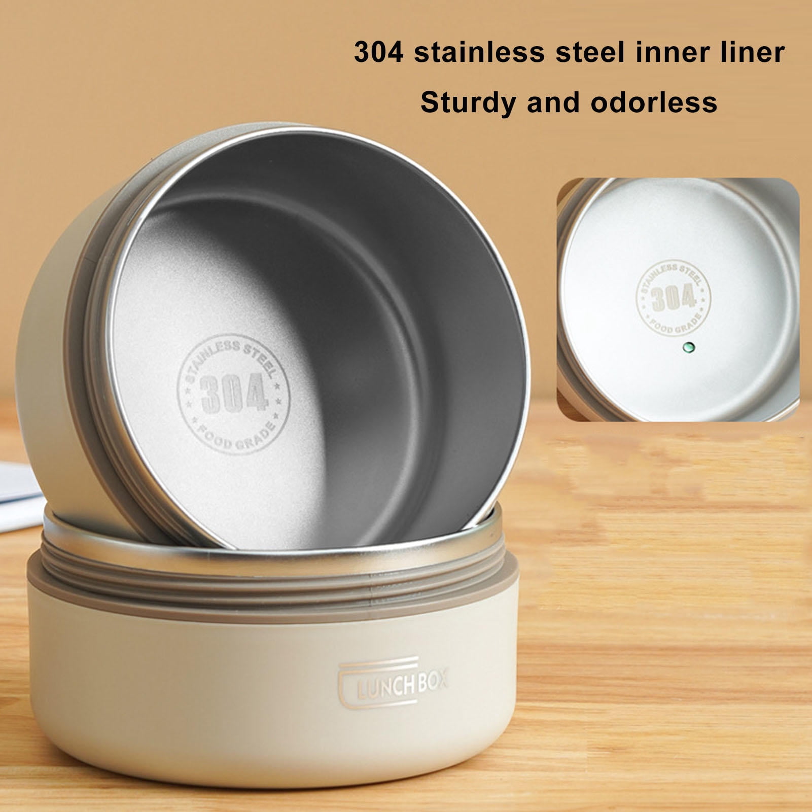 Rupoun 304 Stainless Steel Insulated Lunch Box – Round Thermal Bento with Sealed Lid, 4 Compartments, Lightweight & Portable, Beige, 4‑Piece Set