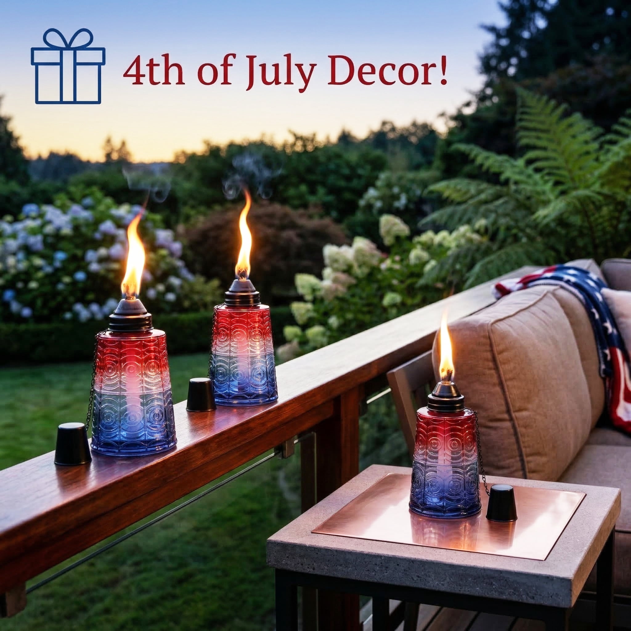 Seraphic Table Top Citronella Torches for Outdoor Patio, 16oz Decorative Glass Torch Citronella Oil Candles for Outside Deck, Garden, Parties, Set of 3, Red/White/Blue