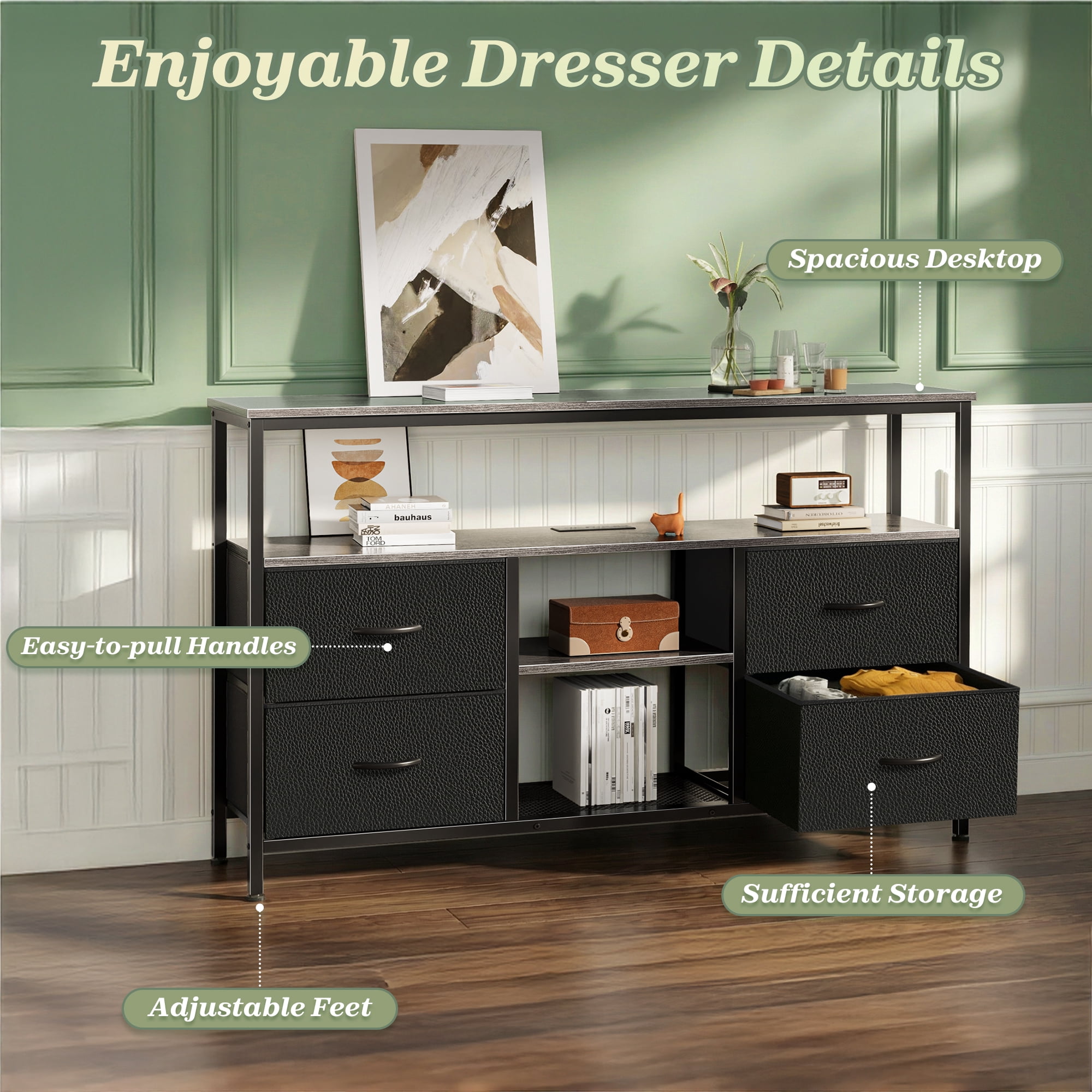 Amadwell TV Stand with Power Outlets & LED Lights, 4 Drawer Dresser Entertainment Center, Media Console with Open Shelf