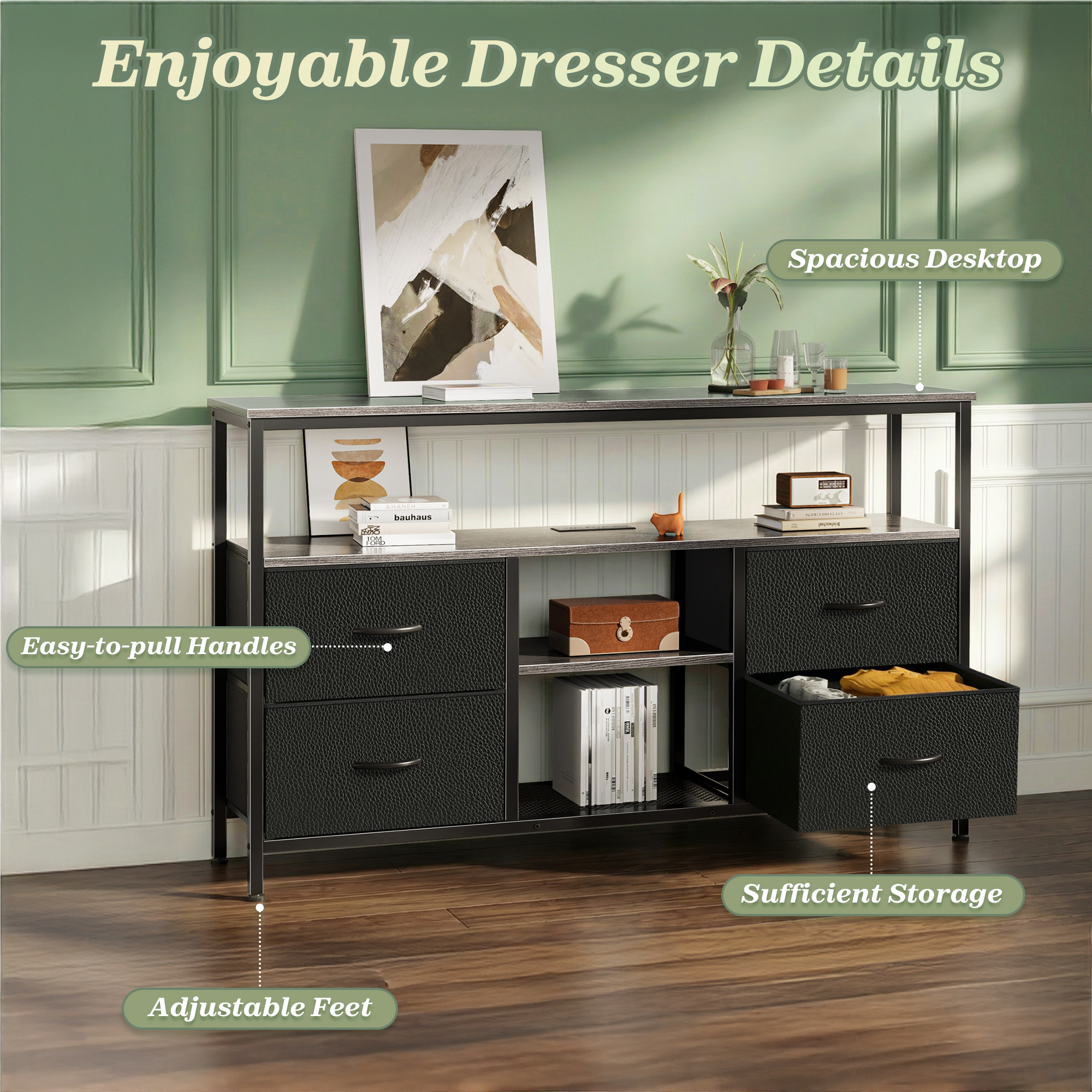 Amadwell TV Stand with 4 Drawers, Power Outlets and LED Lights photo 3