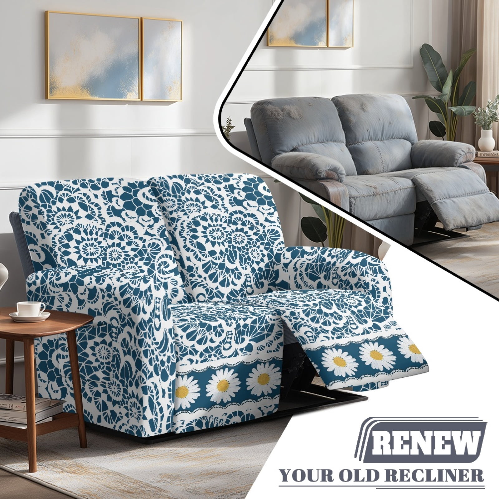 Xoenoiee Blue Daisy Floral Print Reclining Loveseat Cover, Stretch Loveseat Recliner Covers 2 Seater Loveseat Covers for Reclining Loveseat with Pockets Soft Double Recliner Cover for Kids, Pets