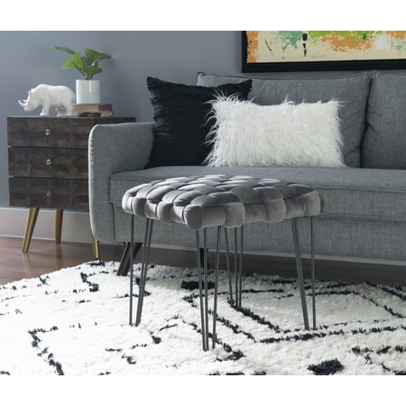 Powell Anya Square Handwoven Velvet Ottoman with Hairpin Legs Gray