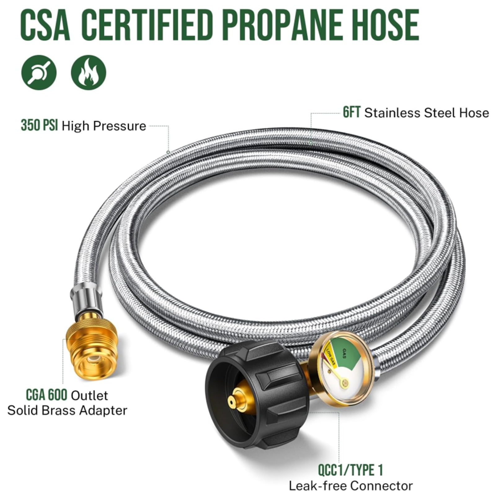 PatioGem 6FT Propane Hose Adapter 1lb to 20lb with Gauge, Propane Tank Adapter Hose 20 lb to 1 lb, Propane Tank Hose, Propane Grill Hose Fit for Mr Buddy Heater, Weber Q Grill, Coleman Camping Stove