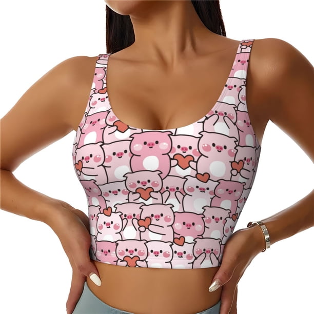 Fotbe Kawaii Pig Sujetador Deportivo Largo sin Aros para Mujer con Almohadillas y Soporte Medio, Transpirable y Absorbente, Camiseta Tipo Chaleco o Tank Top-X-Large