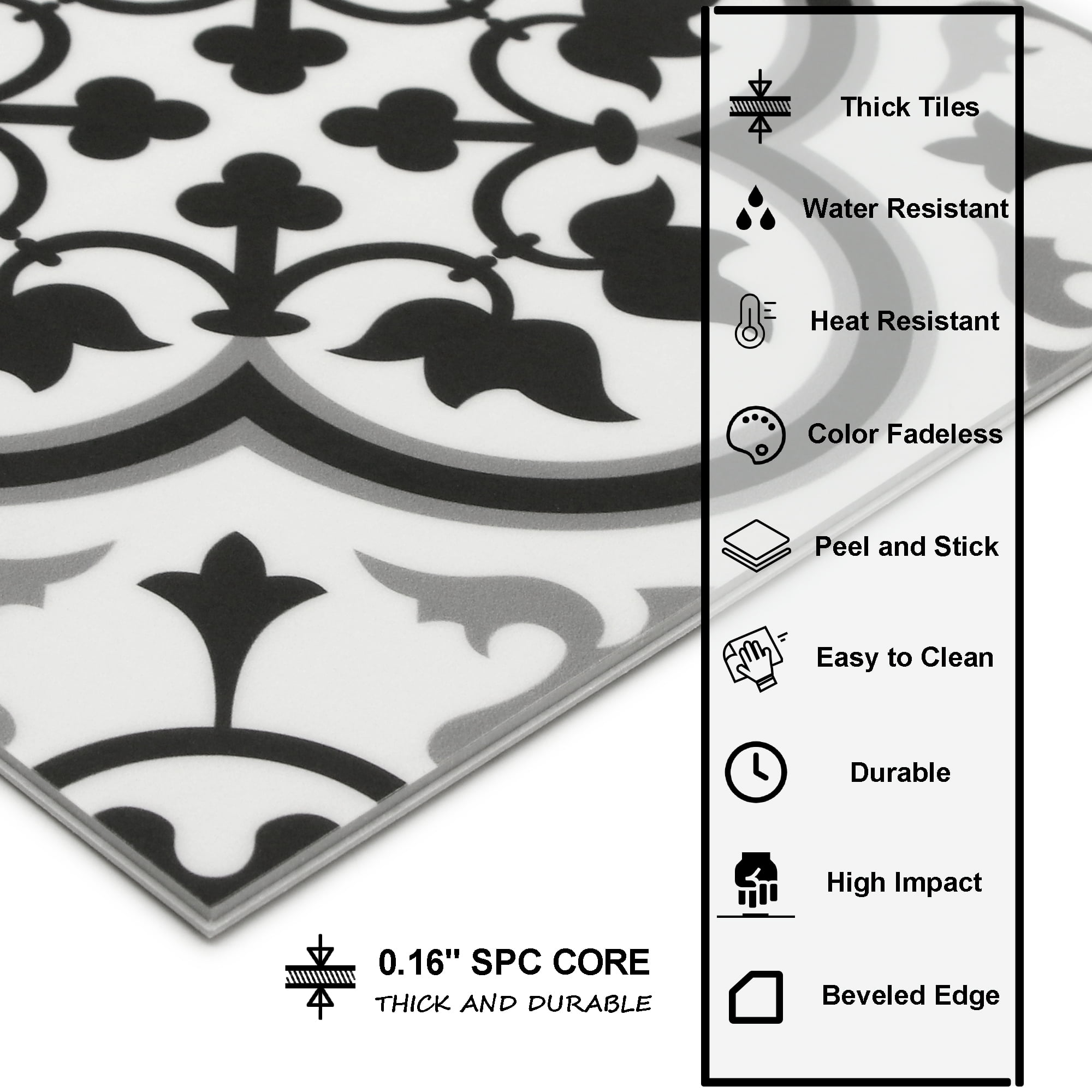 Sunwings Patterned Peel and Stick backsplash Wall and Floor Tile 9x9 Self Adhesive Vinyl Flooring, 16 Tiles/9.12 Sq. ft.