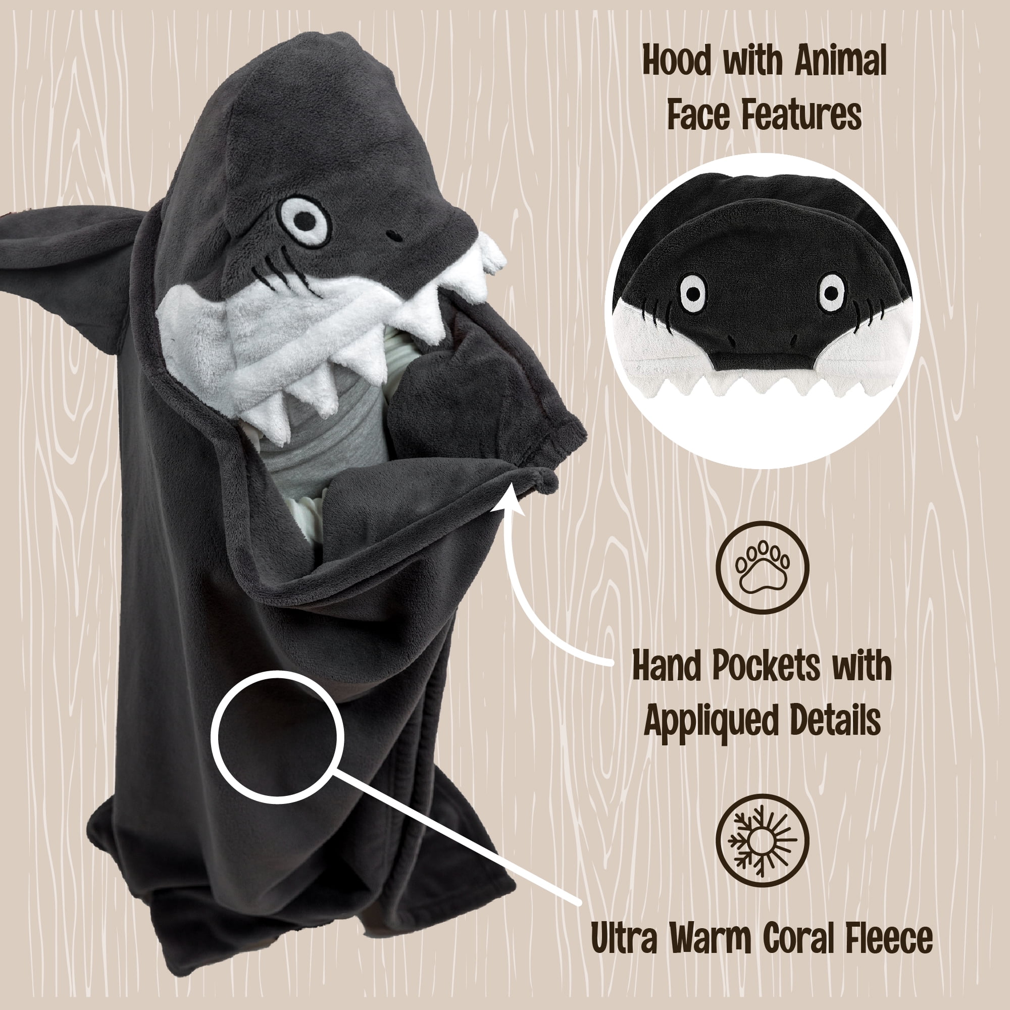 LazyOne Grey Hooded Critter Fleece Blanket Shark 