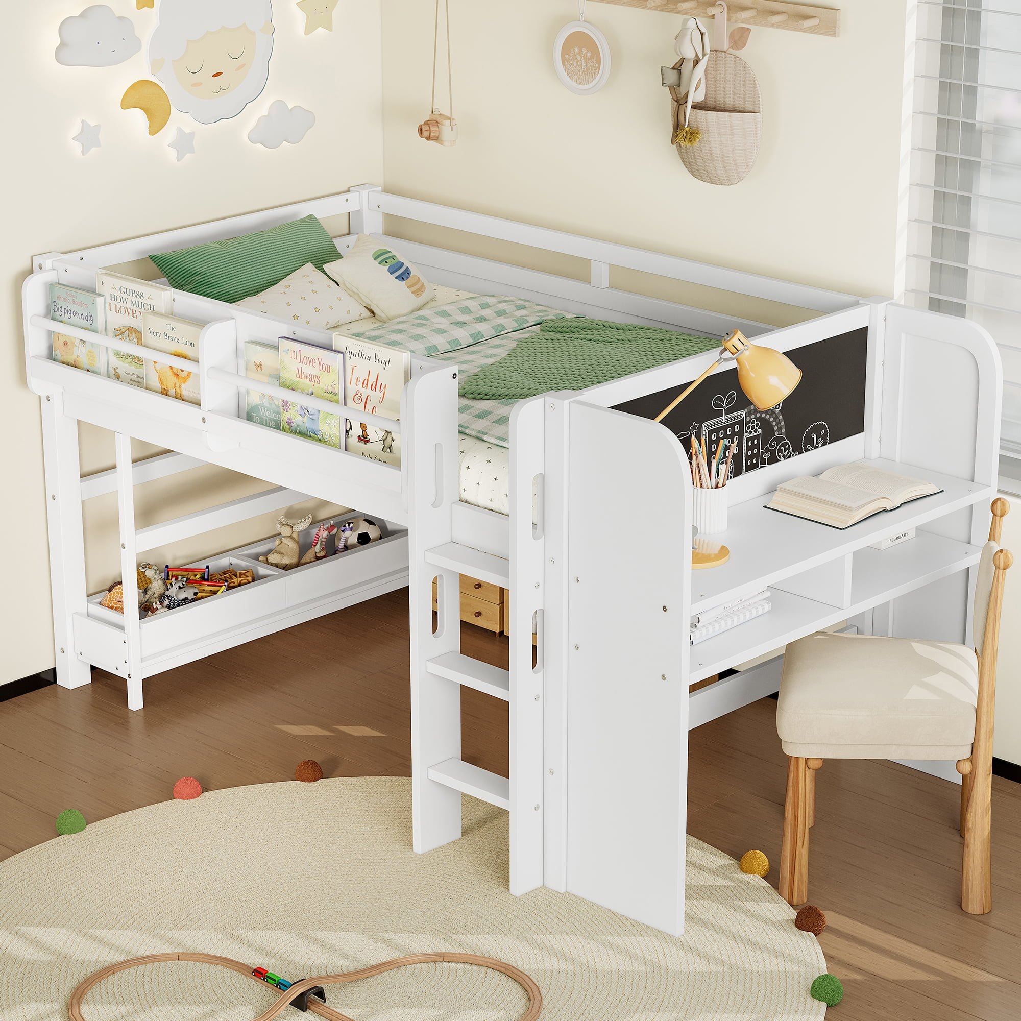 Mintazer Twin Low Loft Bed with Desk & Blackboard, Kids Loft Bed with Storage Drawers, No Spring Box Needed, White