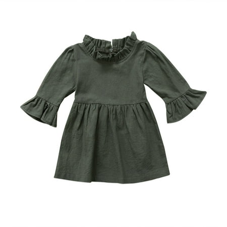 Kids Toddler Baby Girl Dress Ruffle Sleeve Princess Casual Party Tutu Dress Army Green 0-1 Years