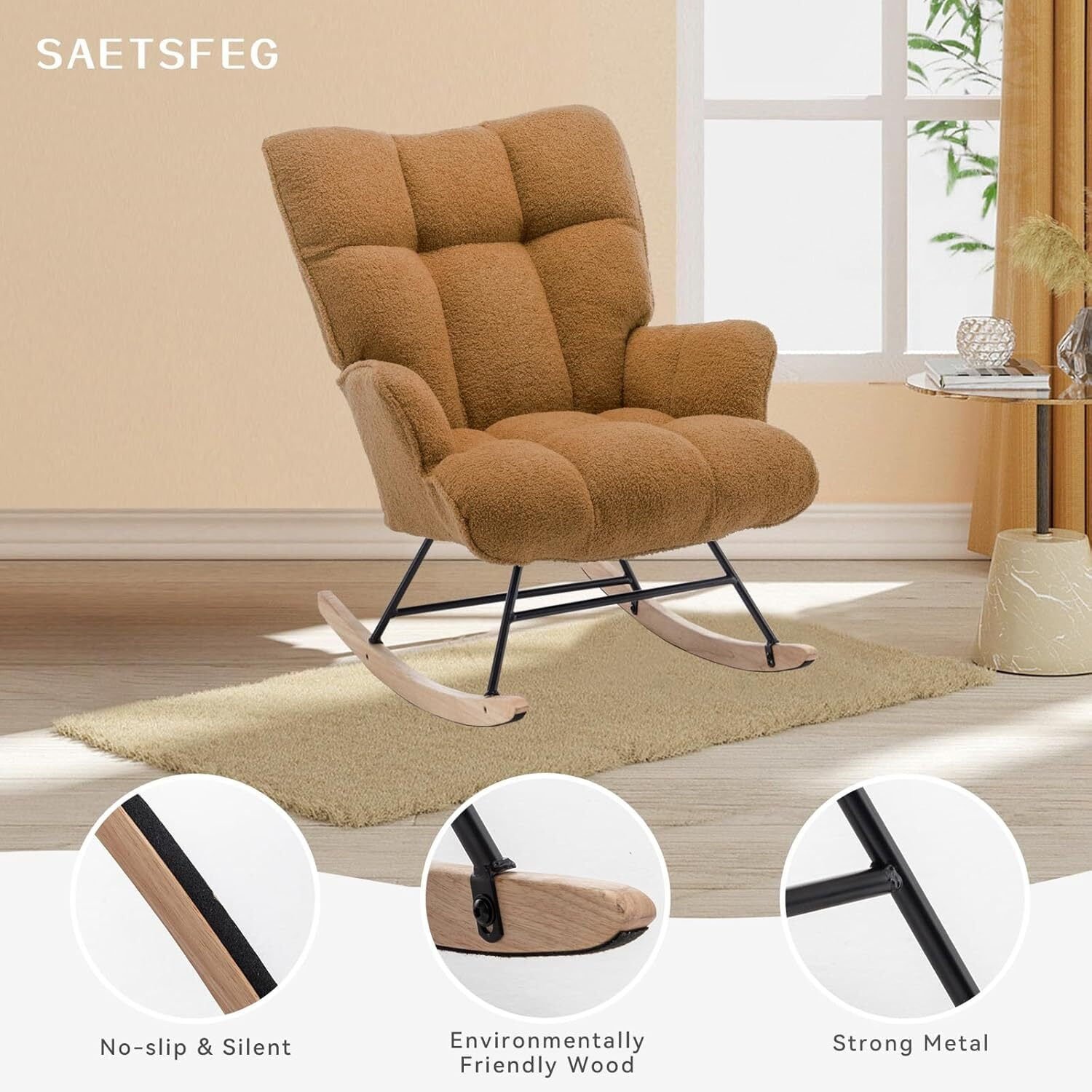 Nursery Rocking Chair Teddy, Upholstered Glider Rocker with High Backrest, Comfortable Stylish Accent Armchair with Padded Seat for Living Rooms, Bedrooms, Brown