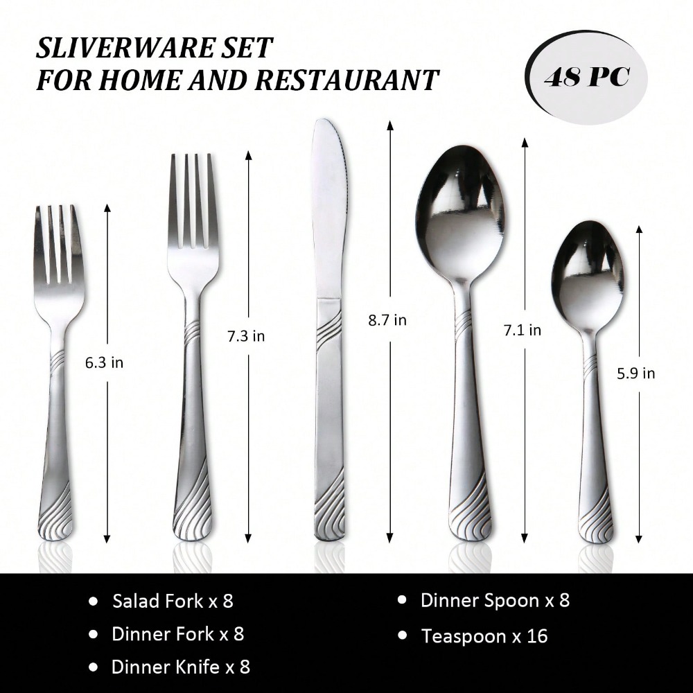 48-Piece Silverware Set Service For 8, Stainless Steel Flatware Cutlery Set, Kitchen Tableware Set, Utensil Set For Home And Restaurant, Knives Forks Spoons Set, Dishwasher Safe