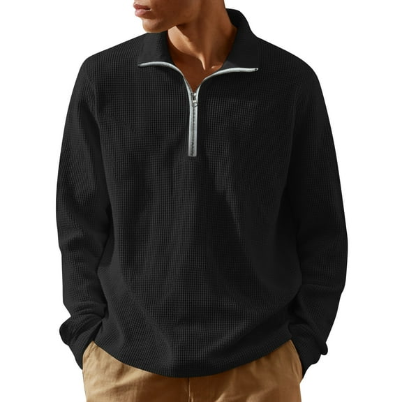 Resicozy Mens Quarter Zip Pullover Slim Fit Lightweight Solid Color Sweater Casual Mock Neck Sweater Black 2XL