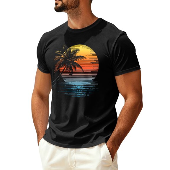 Sewkxo Mens Hawaiian Short Sleeve T-Shirts Graphic Crew Neck Casual Shirt Summer Beach Palm Tree Printed Vintage Tees,Black 2XL