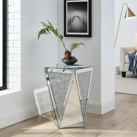 Inverted Triangular Mirror Square End Table, Crystal Diamond Inlaid Coffee Table, Silver Glass Side Table, No Assembly Required