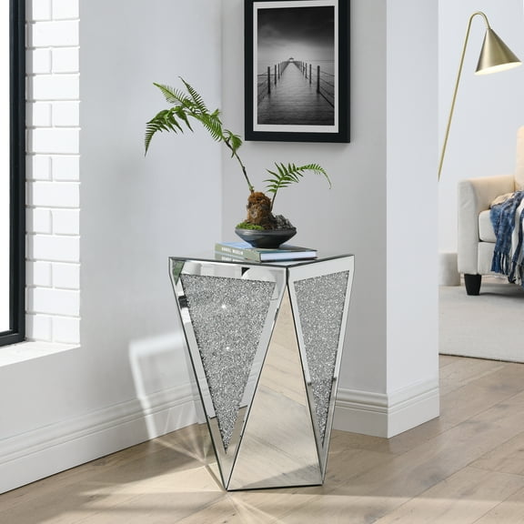 Inverted Triangular Mirror Square End Table, Crystal Diamond Inlaid Coffee Table, Silver Glass Side Table, No Assembly Required
