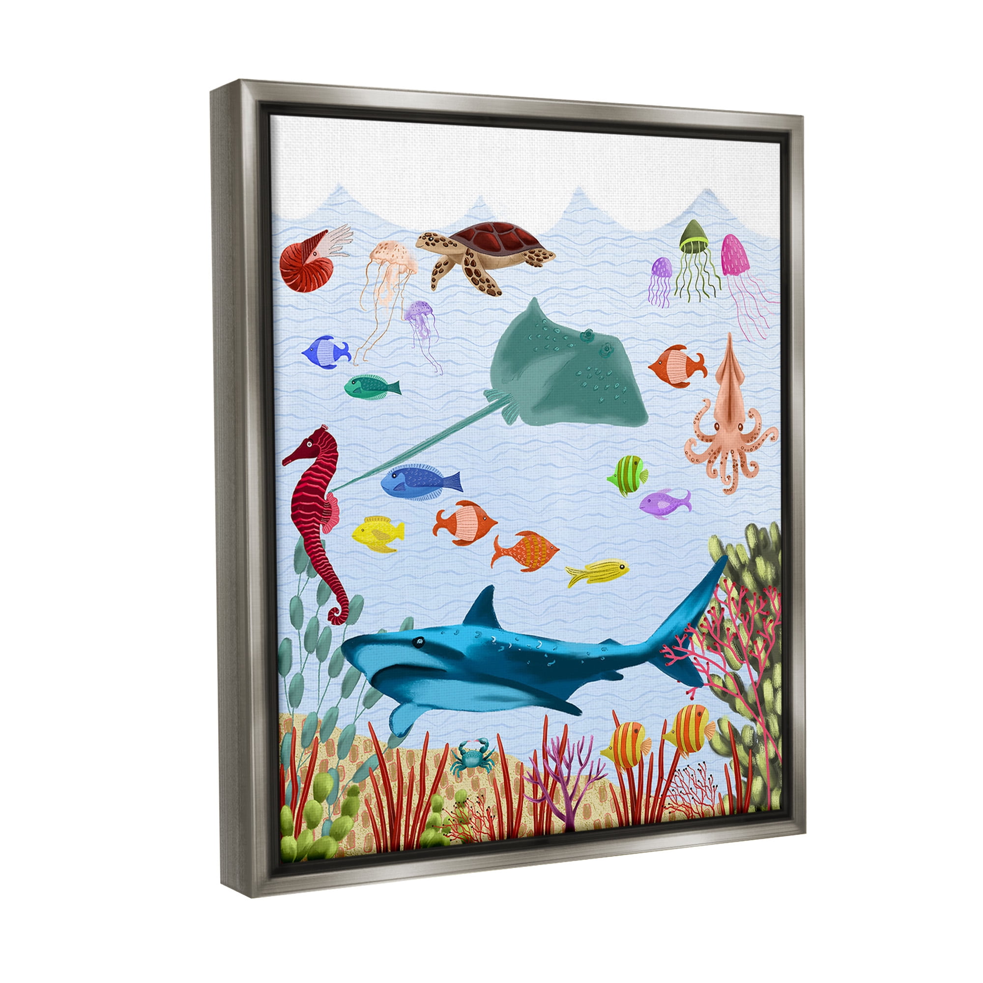 Stupell Industries Underwater Marine Life Animals & Insects Painting Gray Floater Framed Canvas Art Print Wall Art, 25 x 31