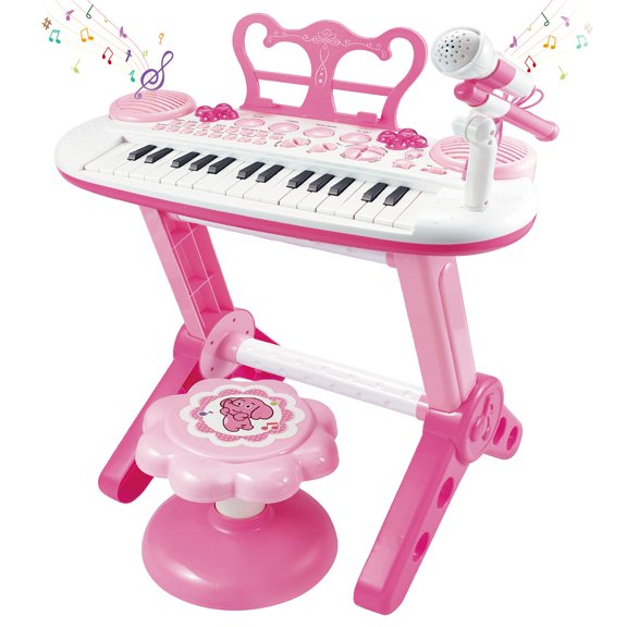 Piano teclado infantil Barhee de 31 teclas con micrófono y banquito, rosa