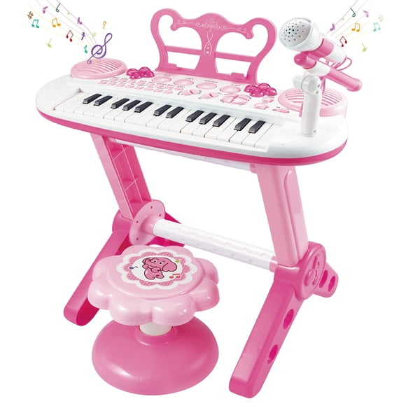 Piano teclado infantil Barhee de 31 teclas con micrófono y banquito, rosa