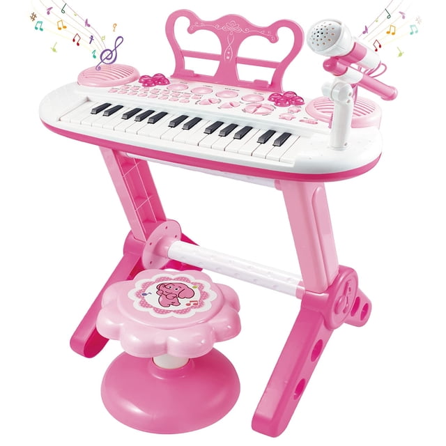 Piano teclado infantil Barhee de 31 teclas con micrófono y banquito, rosa