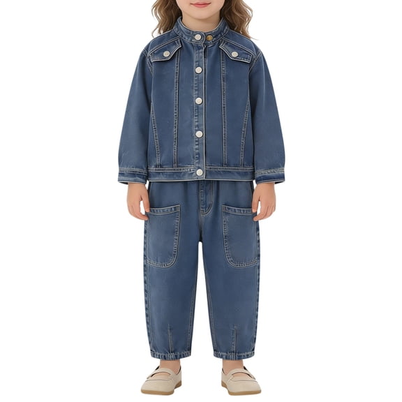 FINALGANG Boys Girls Kids Two Piece Denim Set Long Sleeve Button Down Jacket Elastic Waist Pants With Patch Pockets Casual Jeans Set For Toddler Daily Wear Stylish Outfit