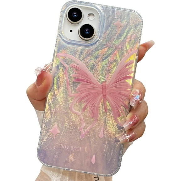 for iPhone 13 Case & iPhone 14 Case Shiny Silver Design,Cute trendy Soft Slim TPU Shockproof Protective Pink Butterfly Phone Cases Cover for Women Girls Aesthetic Glitter,iphone 14/13 6.1"