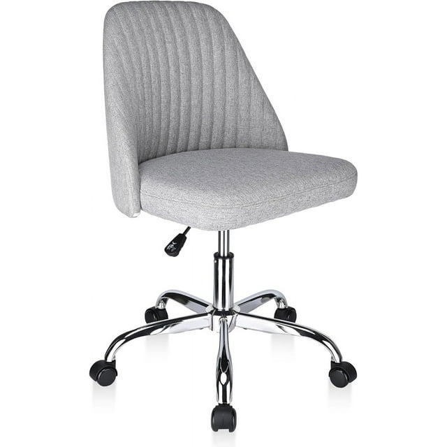 Modern Linen Fabric Home Office Desk Chair, Mid Back Adjustable Swivel Computer Chair Cute Upholstered Armless Task Chair, Grey